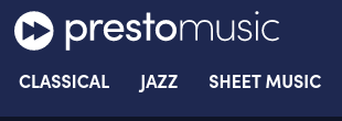 fast-forward icon followed by the words Presto Music in white on a blue background
